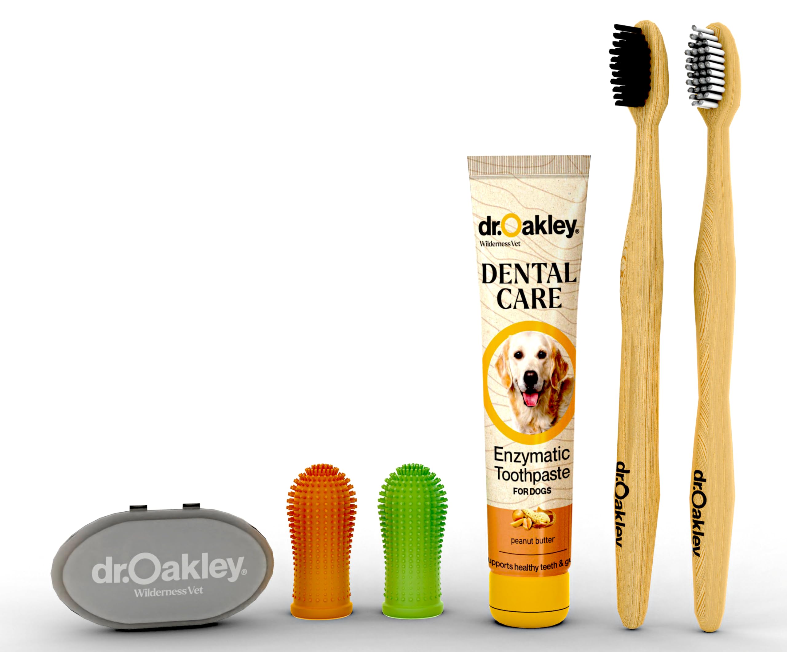 Dr. Oakley dental toothbrush kit packaging shows all-in-one dog dental care solution.