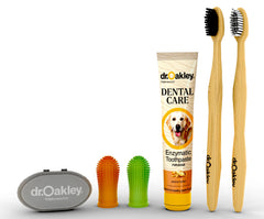 Dr. Oakley dental toothbrush kit packaging shows all-in-one dog dental care solution.