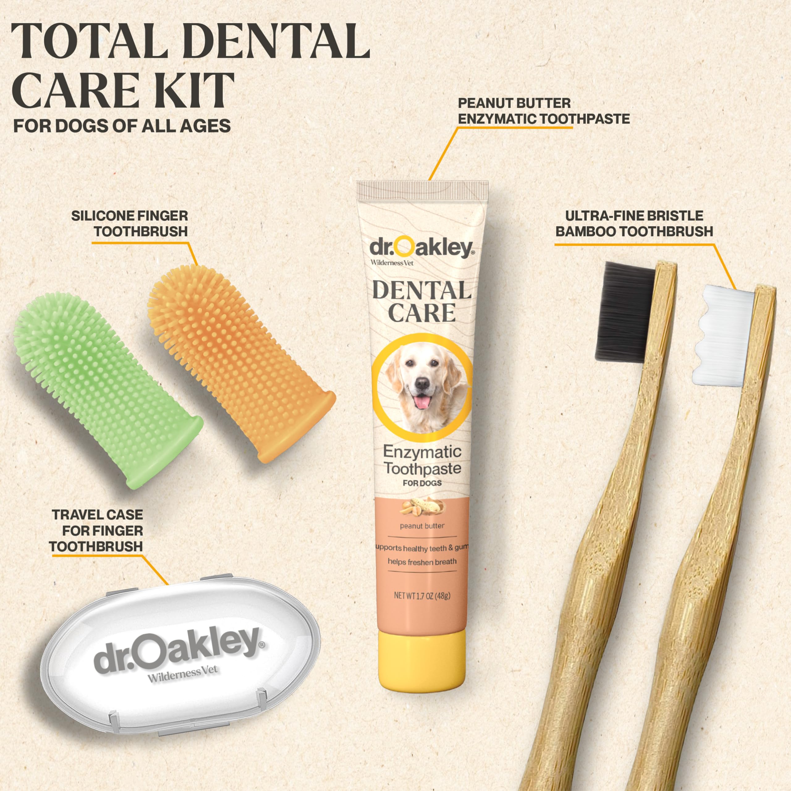 Dr. Oakley dual-head toothbrush for dogs and cats cleans widely spaced teeth.