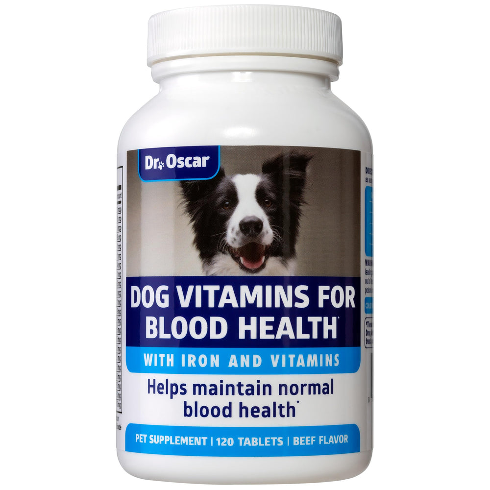 Dr. Oscar Blood Aid for Dogs bottle and tablets; supports blood health on the go.