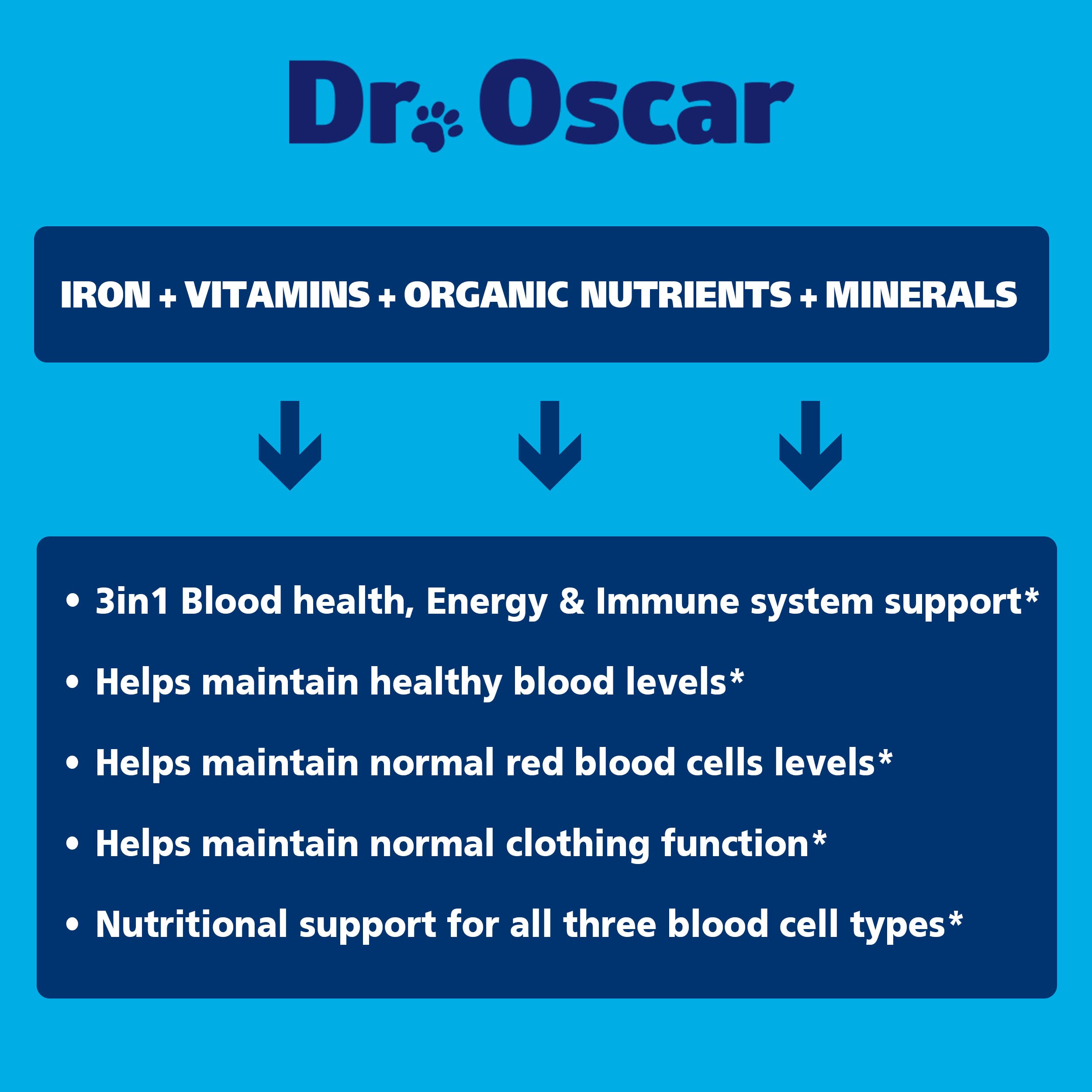 Ingredients chart emphasizes Ferrous Fumarate, Beetroot, Vitamins A and C for iron support.