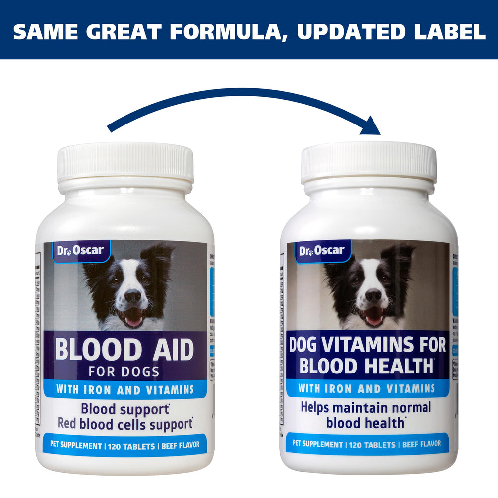 Close-up of Dr. Oscar Blood Aid tablets; convenient daily dosing for dogs.