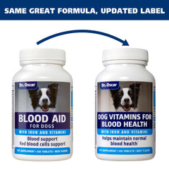Close-up of Dr. Oscar Blood Aid tablets; convenient daily dosing for dogs.