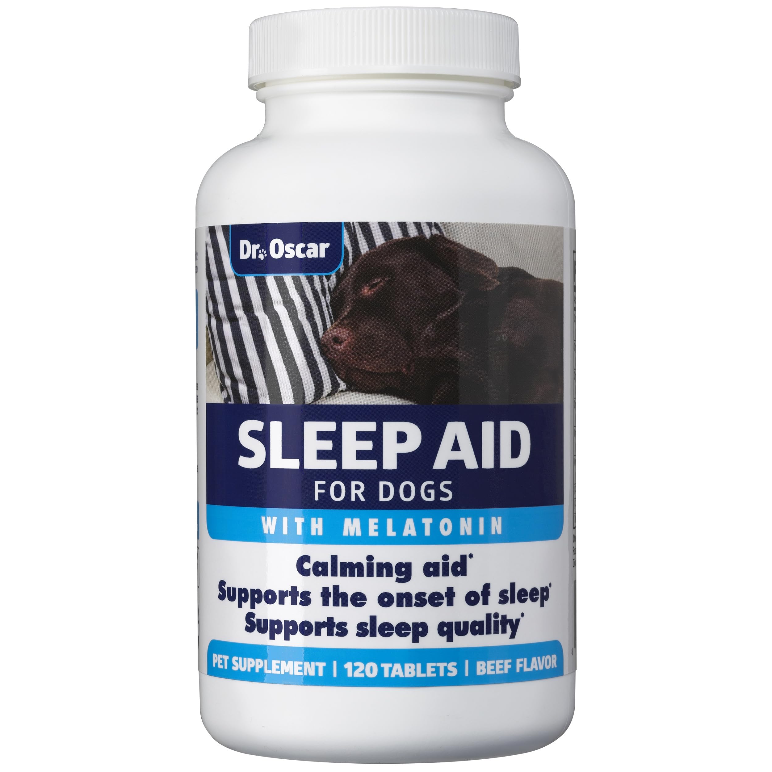 Dr. Oscar Dog Sleep Aid bottle with a clear label for easy dosing and trust.