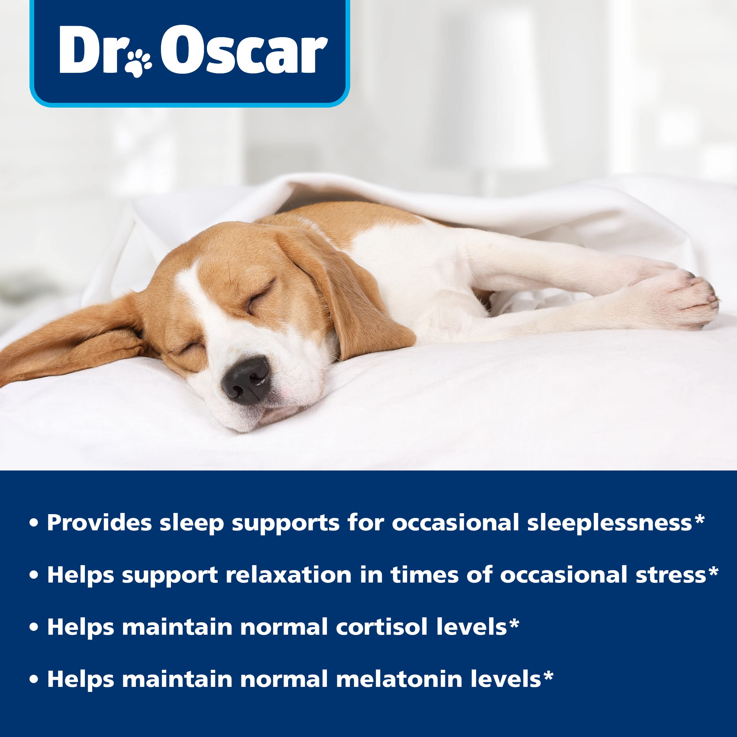 Dr. Oscar Dog Sleep Aid shown with a relaxed dog pose suggesting calmer evenings.