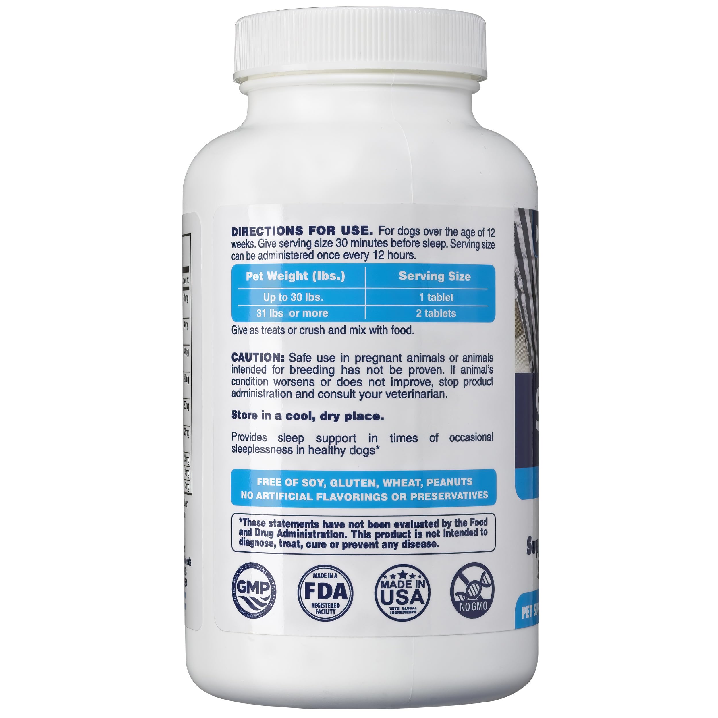 Dr. Oscar Dog Sleep Aid ingredients panel highlighting herbal blends and amino acids.