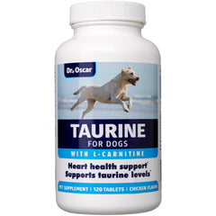 Dr. Oscar Taurine bottle showing 120 chews for dogs and heart support