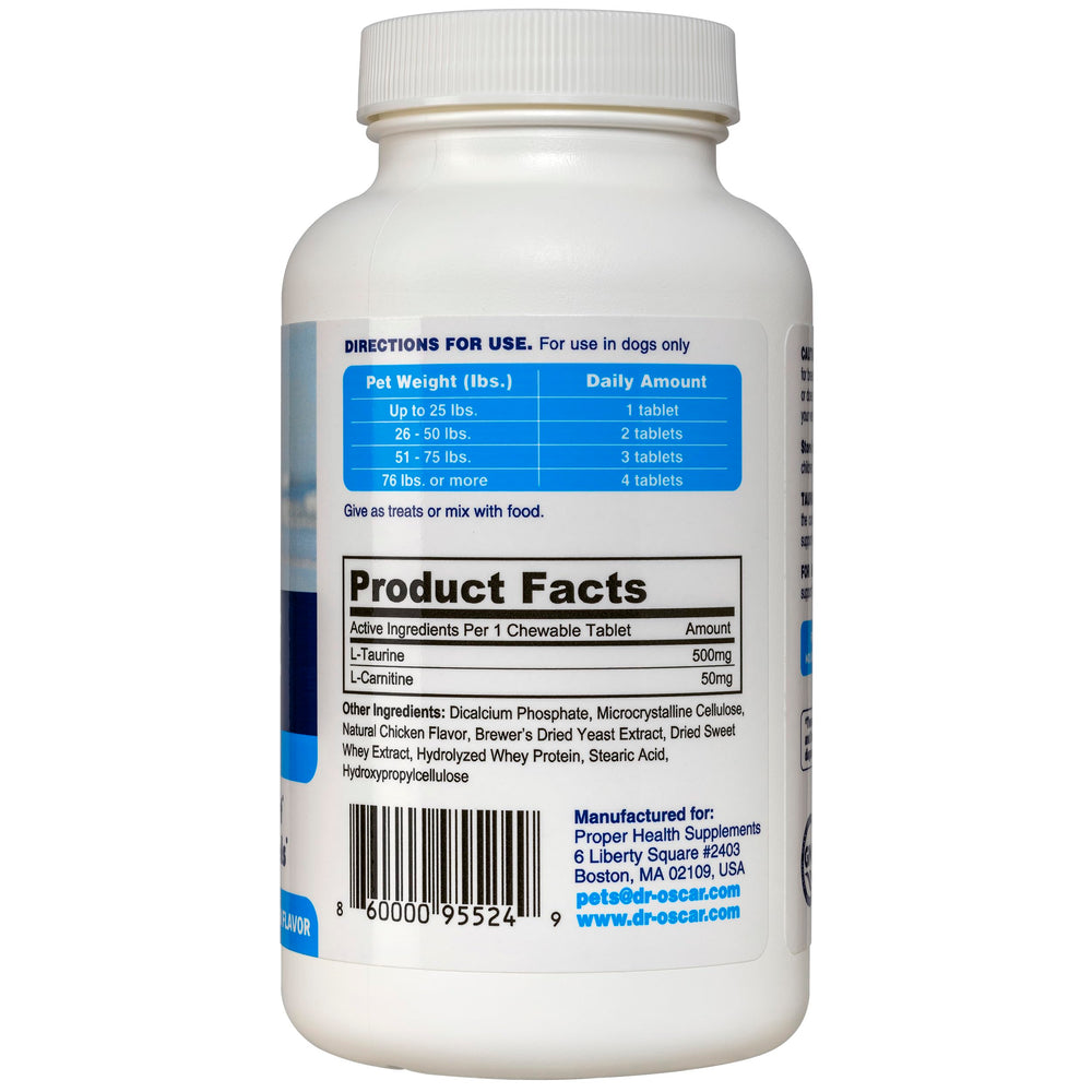 Dr. Oscar Taurine chewables for dogs highlighting L-Carnitine and taurine ingredients