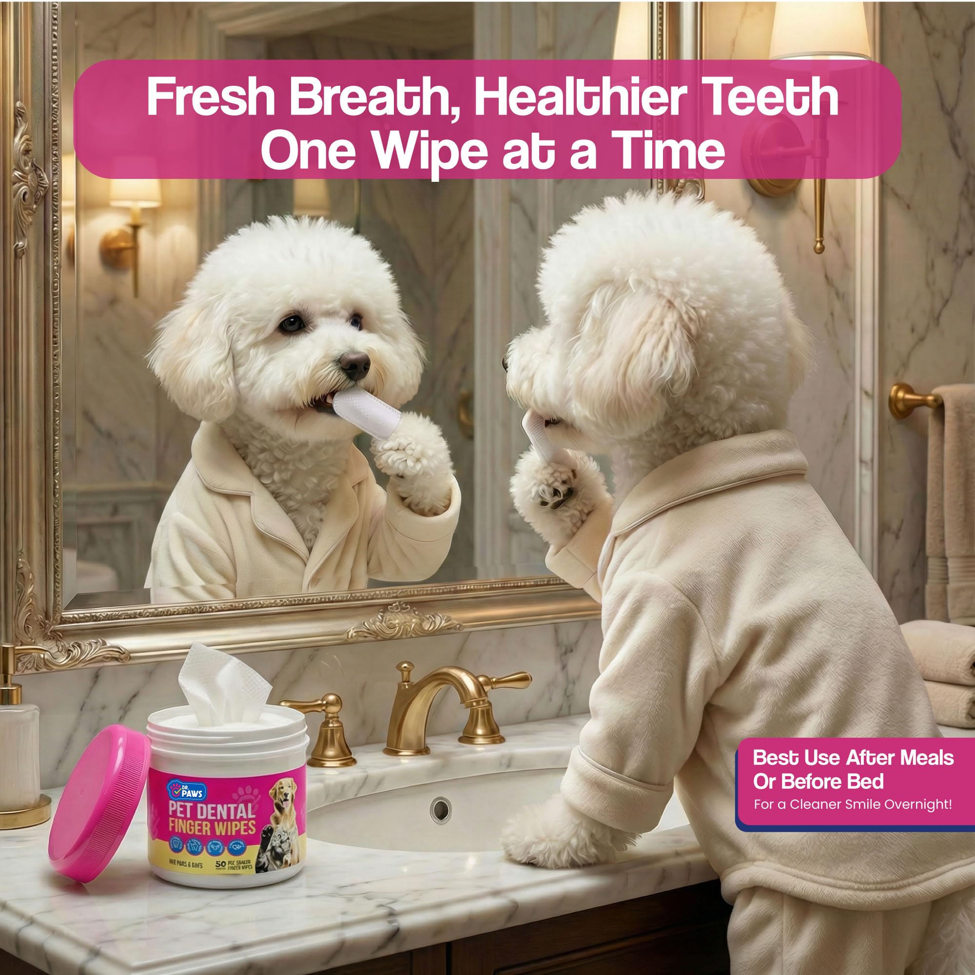 Dr. Paws fresh breath enhancement with dog dental finger wipes.