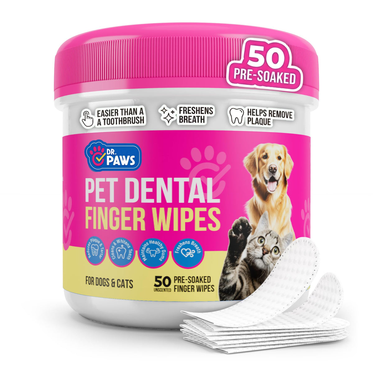Dr. Paws pet dental finger wipes packaging highlighting natural ingredients for safe use.