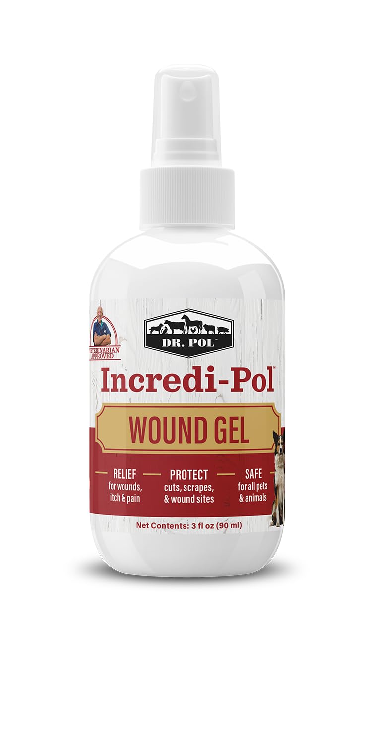 Dr. Pol Incredi-Pol wound gel spray for cats; precision spray covers scrapes gently.