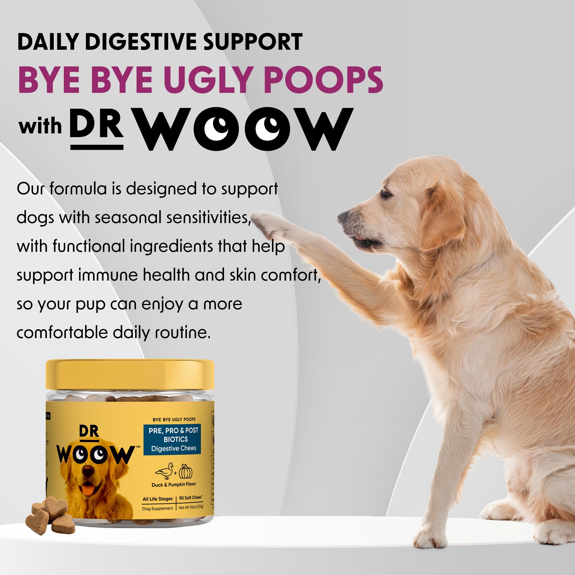 Digestive enzymes and chews inside DR WOOW product close-up