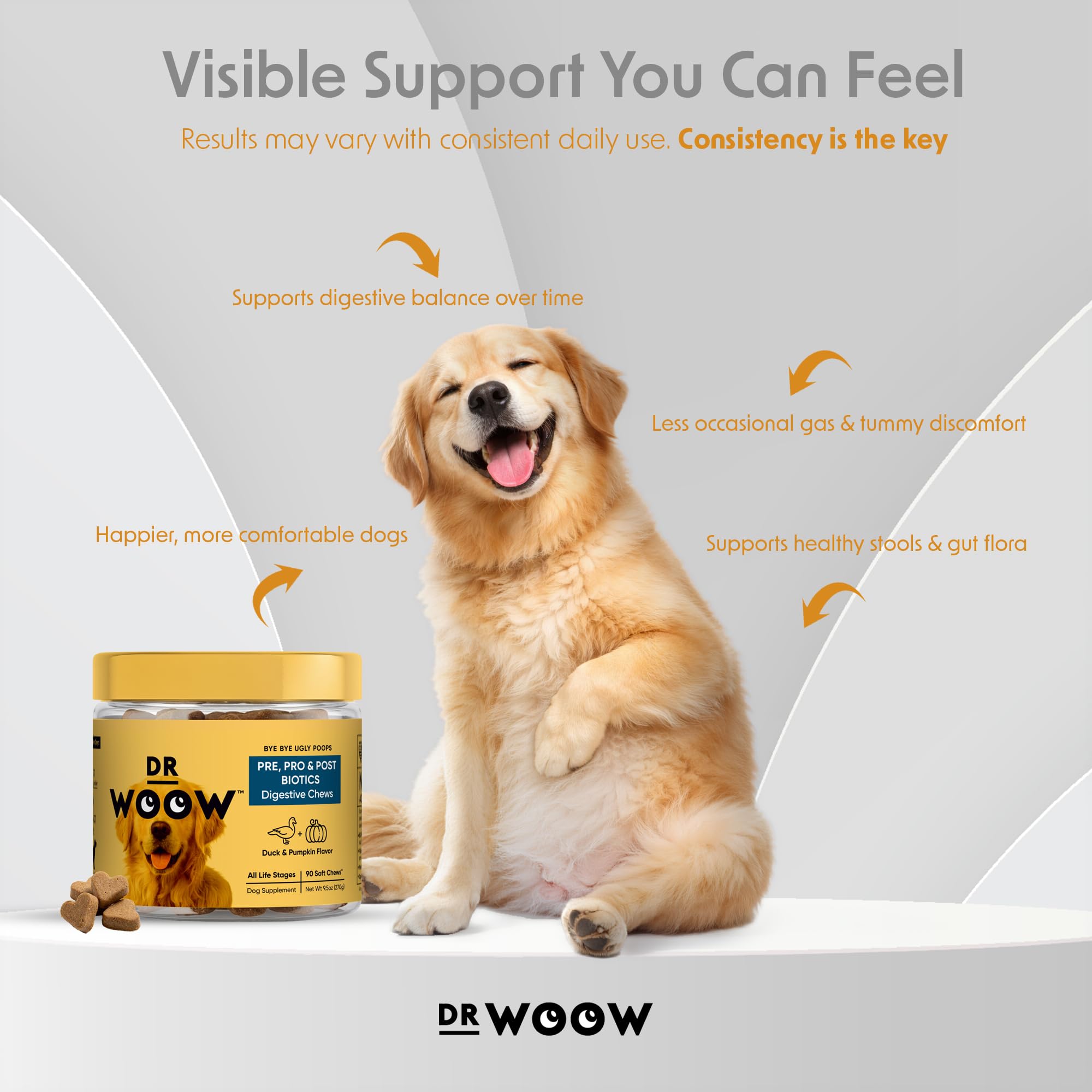 Duck-flavored DR WOOW probiotic chews for dogs