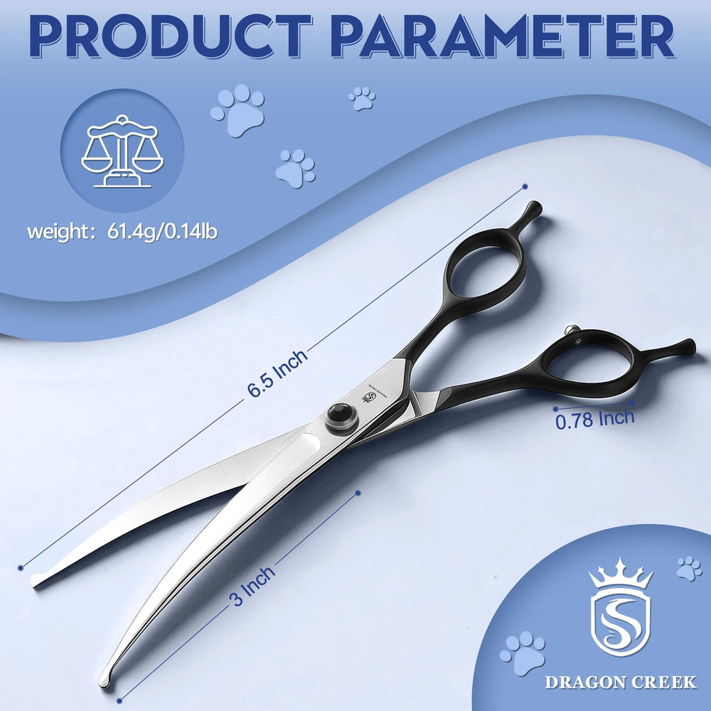 Dragon Creek 3-inch blades curved dog scissors for targeted trimming.
