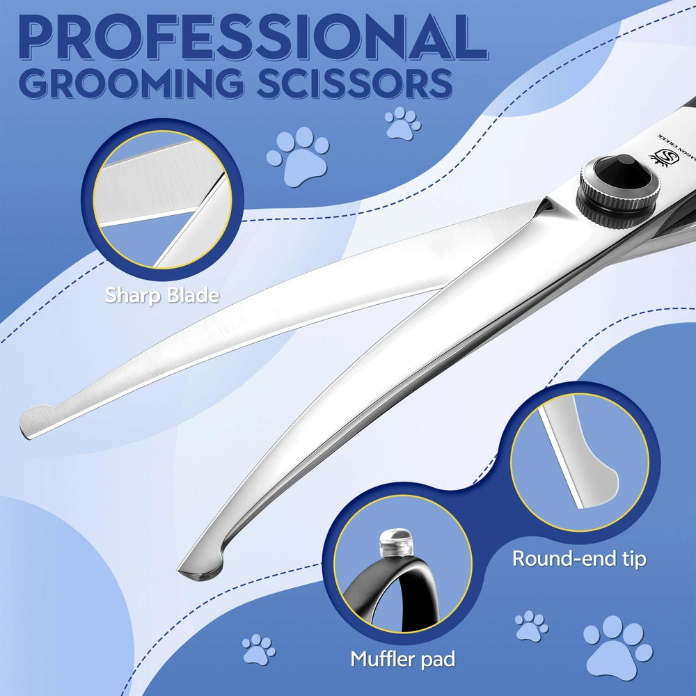 Dragon Creek symmetric-handle dog scissors fit both hands.