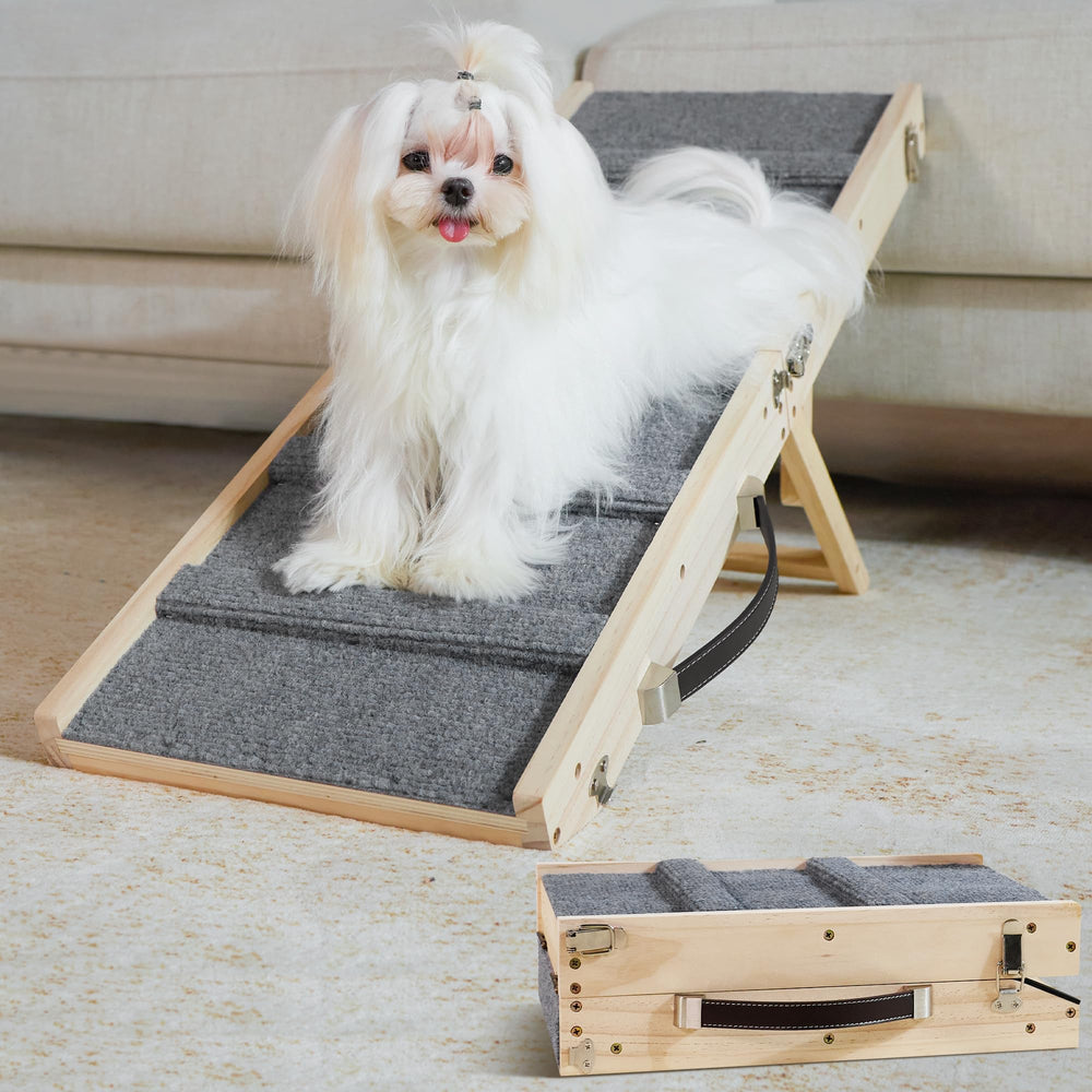 Drakthos dog ramp folded for compact storage beside the sofa, ready to deploy.