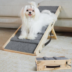 Drakthos dog ramp folded for compact storage beside the sofa, ready to deploy.