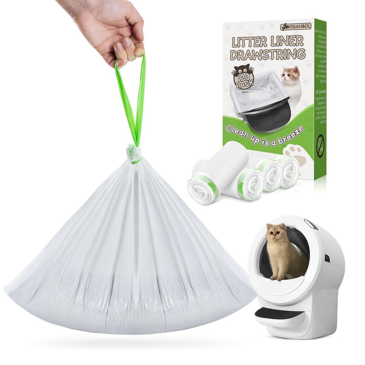 Dranbol 120-count heavy-duty litter liners offer tear resistance for automatic litter boxes