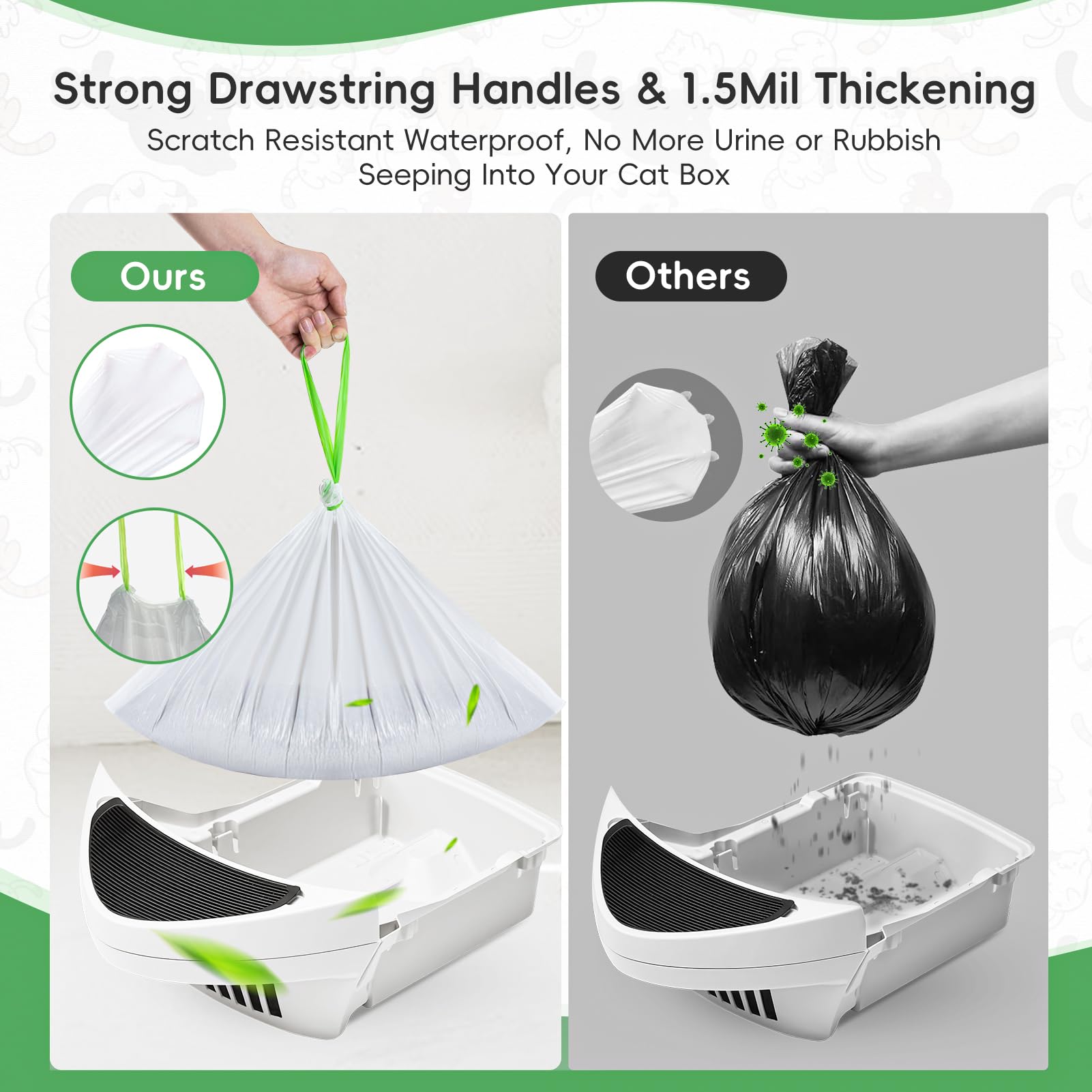 Dranbol drawstring closure keeps waste contained and hands clean