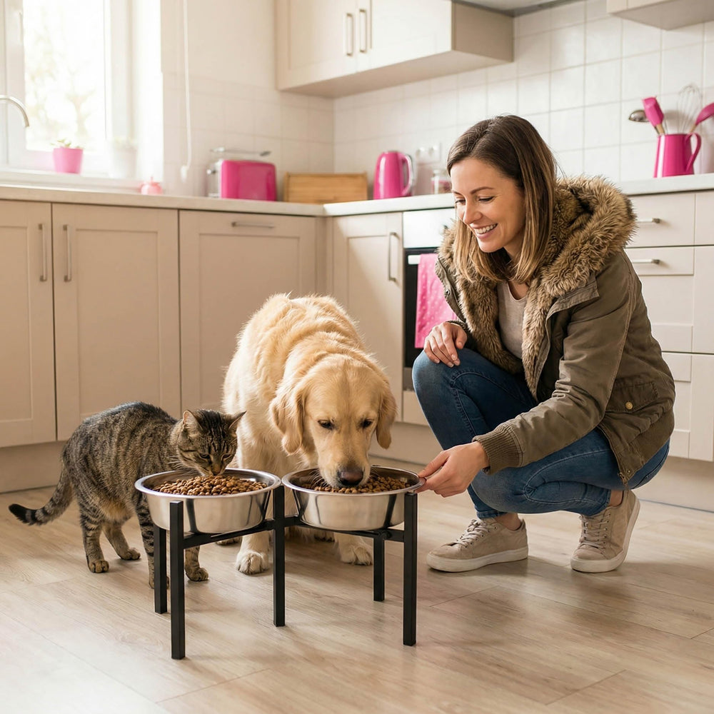 Drawinsage heavy-duty iron stand emphasizes durability for active large dogs.