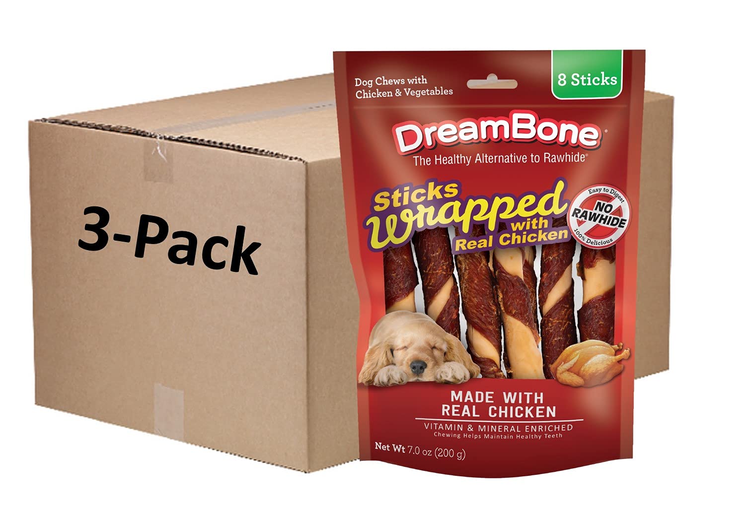 DreamBone Chicken-Wrapped Chews pack front image, showing rawhide-free dental benefits and tasty chicken flavor.