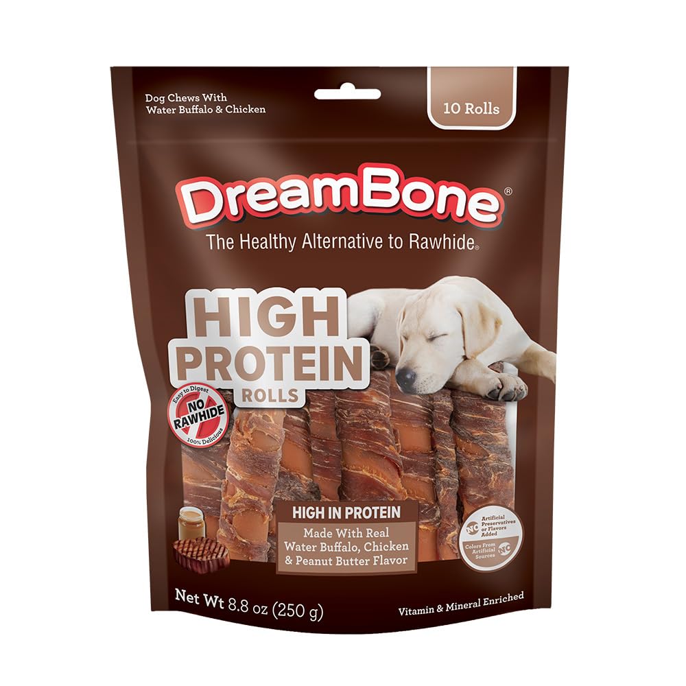 DreamBone High Protein Rolls water buffalo pack shot highlight the savory treats