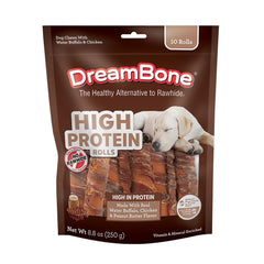 DreamBone High Protein Rolls water buffalo pack shot highlight the savory treats