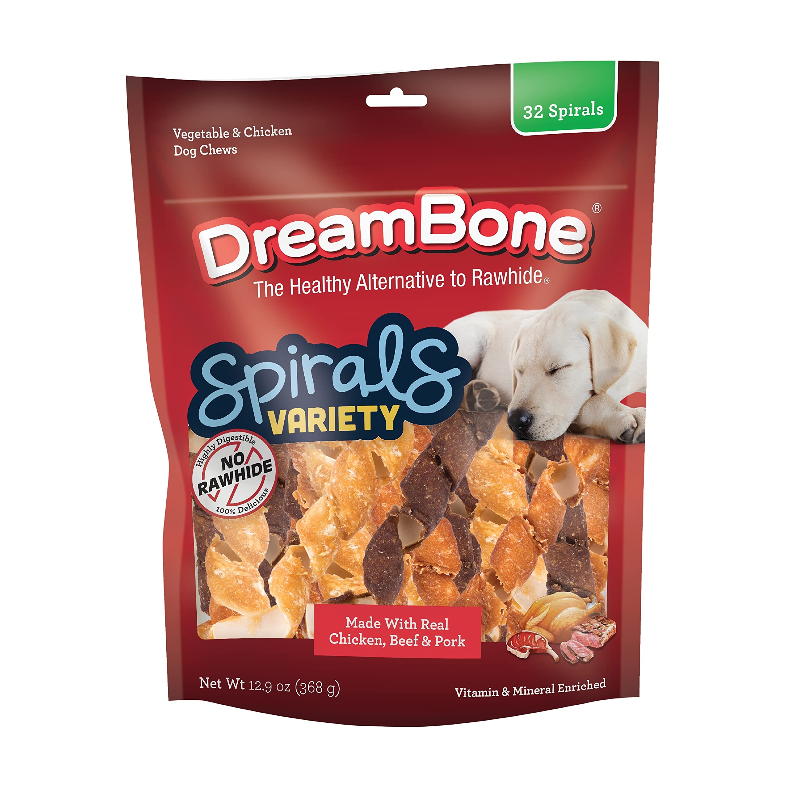DreamBone Spirals 32-count variety pack: rawhide-free chews enriched with vitamins.