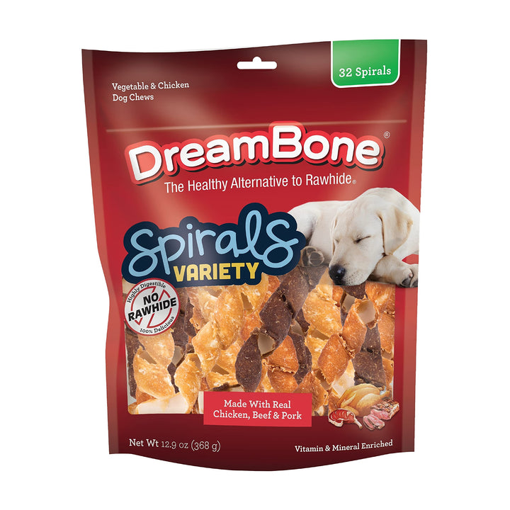DreamBone Spirals 32-count variety pack: rawhide-free chews enriched with vitamins.