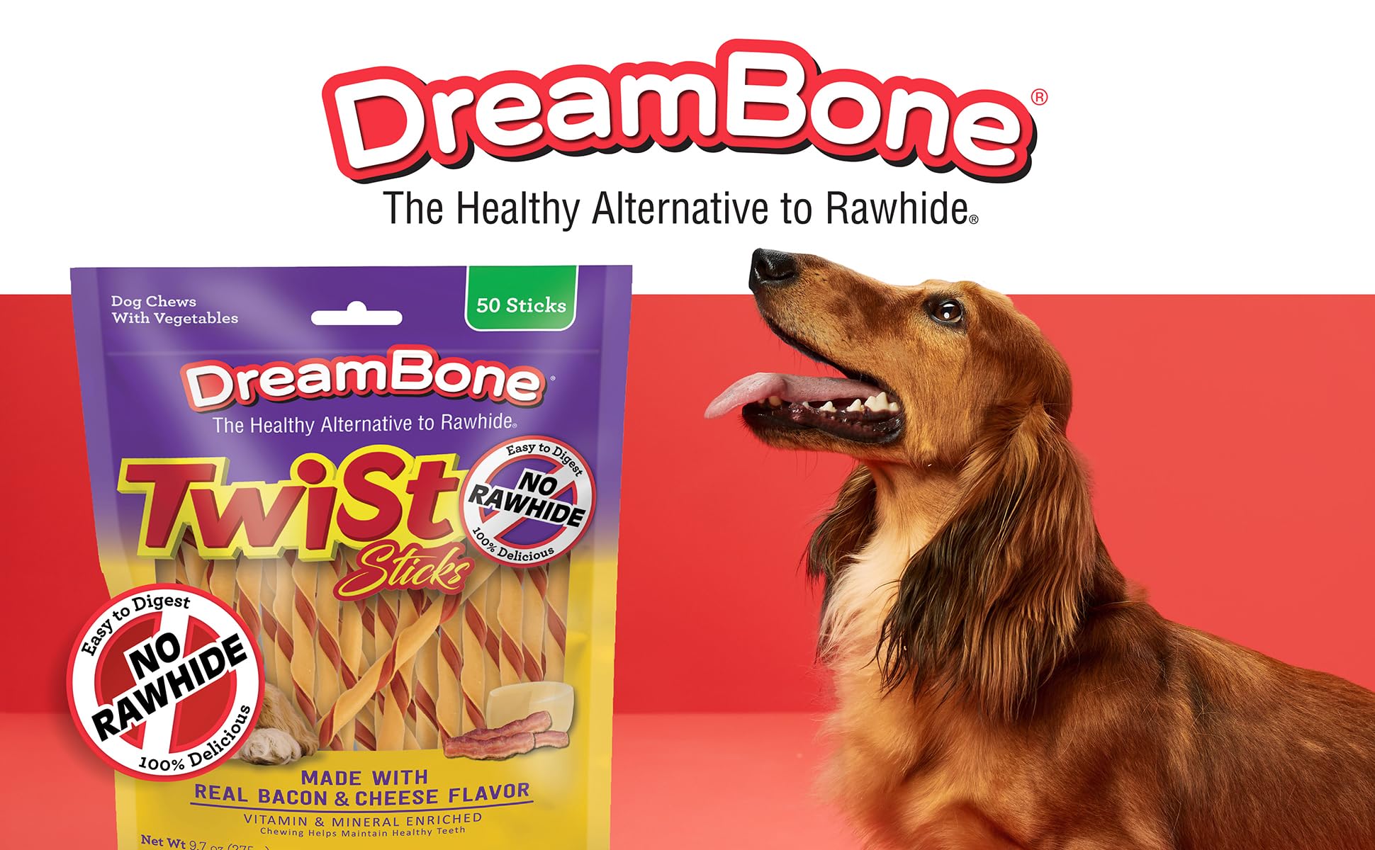 DreamBone Twist Sticks bacon-cheese flavor close-up, irresistible chew reward