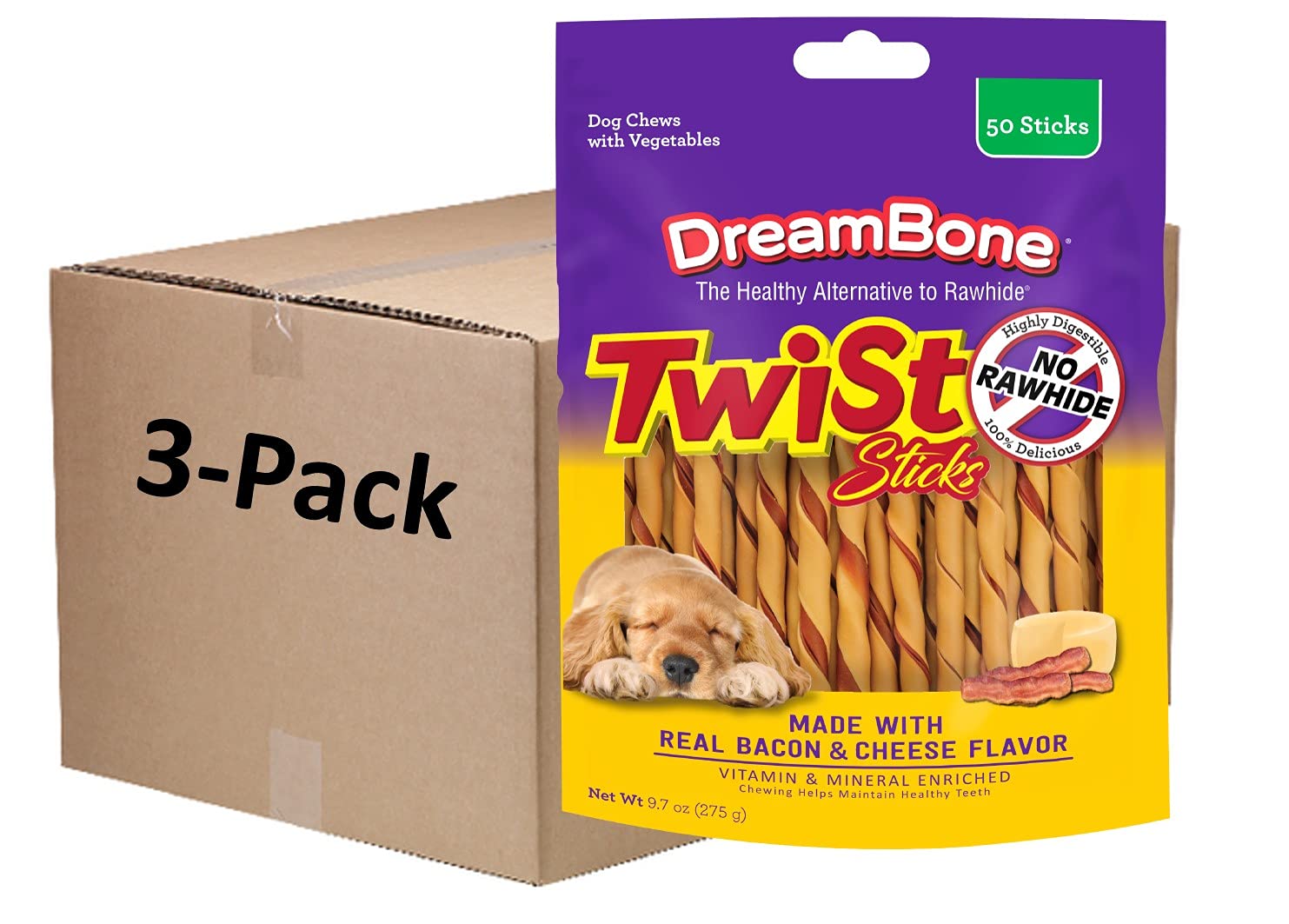 DreamBone Twist Sticks real bacon-cheese close-up, tasty chew time for dogs