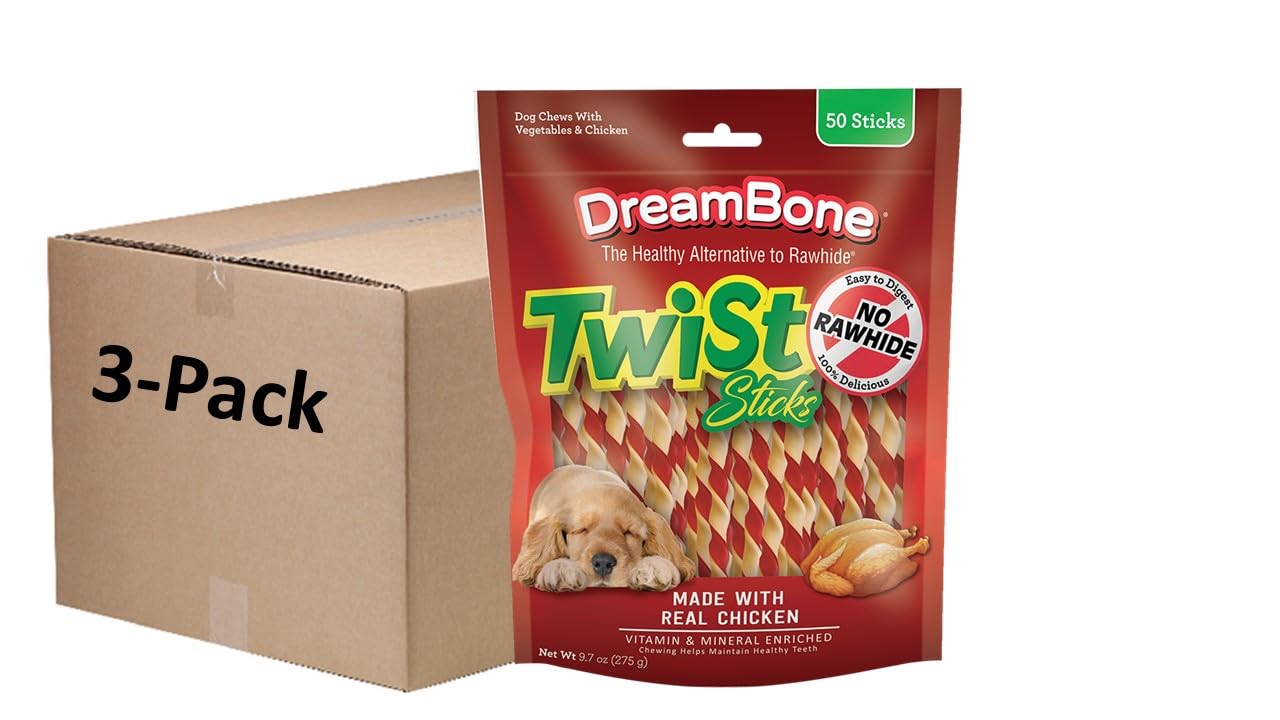 DreamBone Twist Sticks real chicken chew for dogs; tasty and digestible.