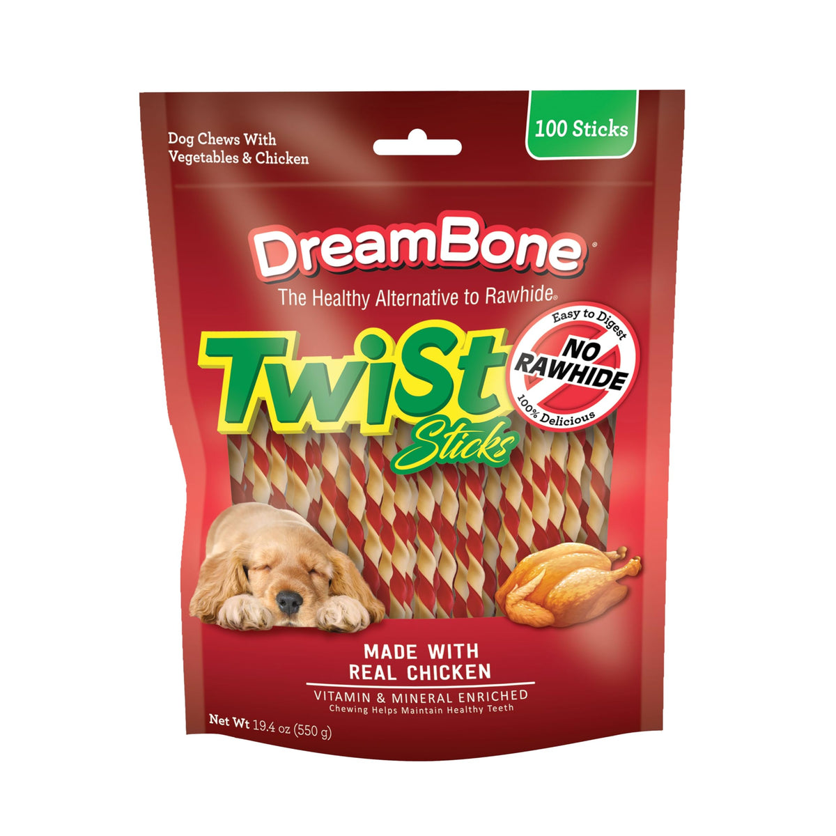 DreamBone Twist Sticks real chicken chew—tasty and rawhide-free.