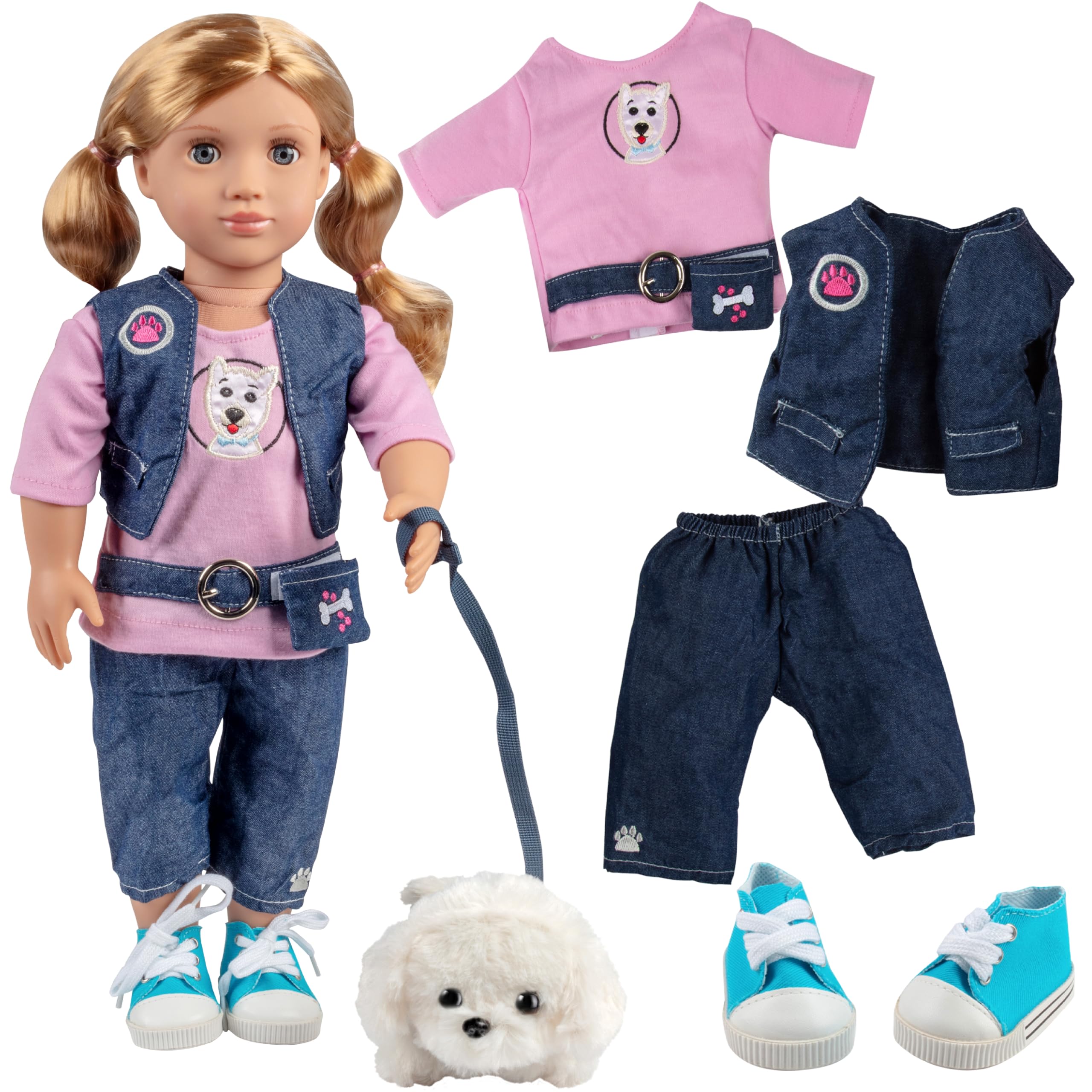 Dress Along Dolly 7pc dog walker outfit for 18-inch dolls, ready for pretend walks.