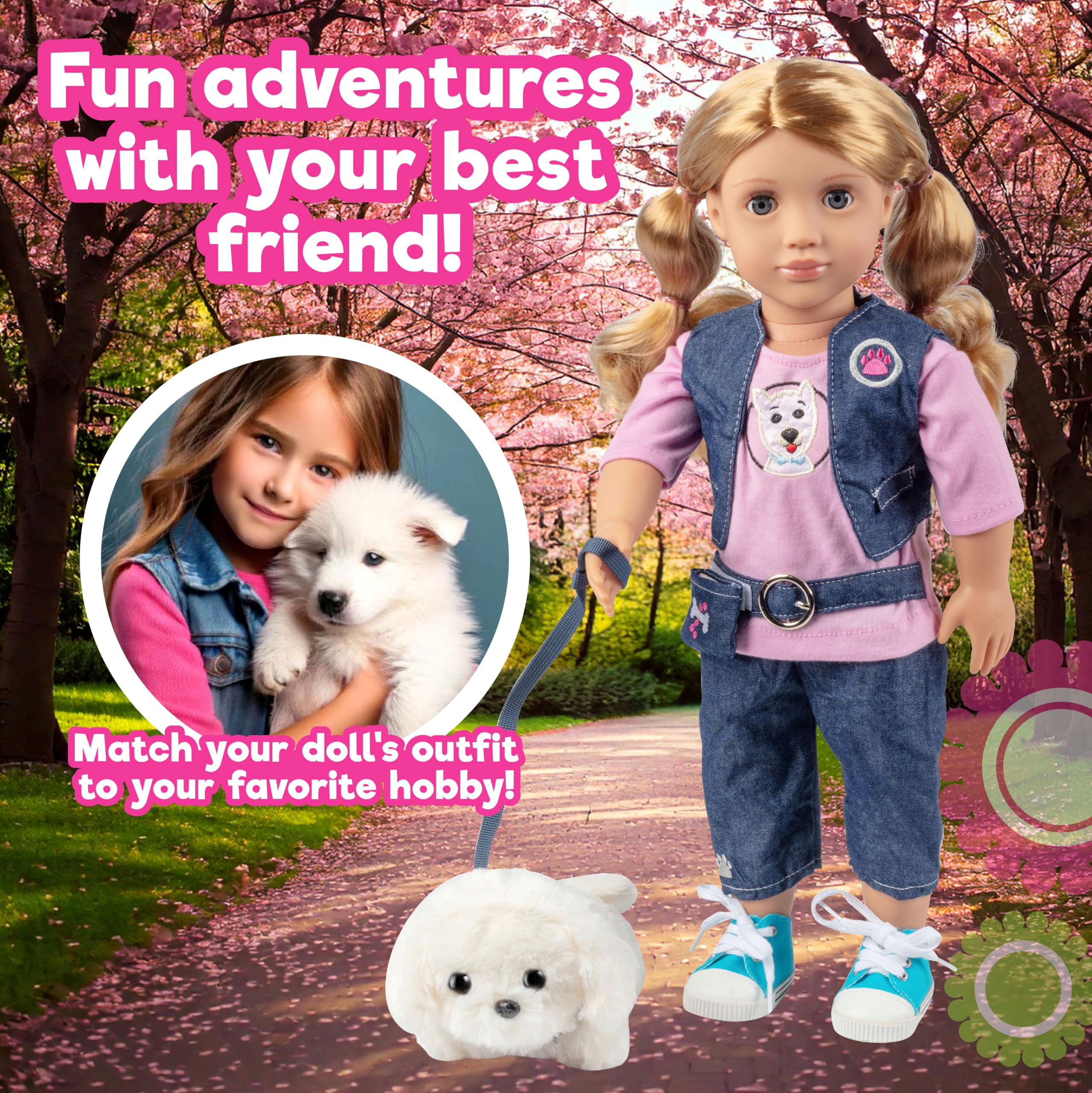 Dress Along Dolly dog plush and leash inspire caring pretend pet care.