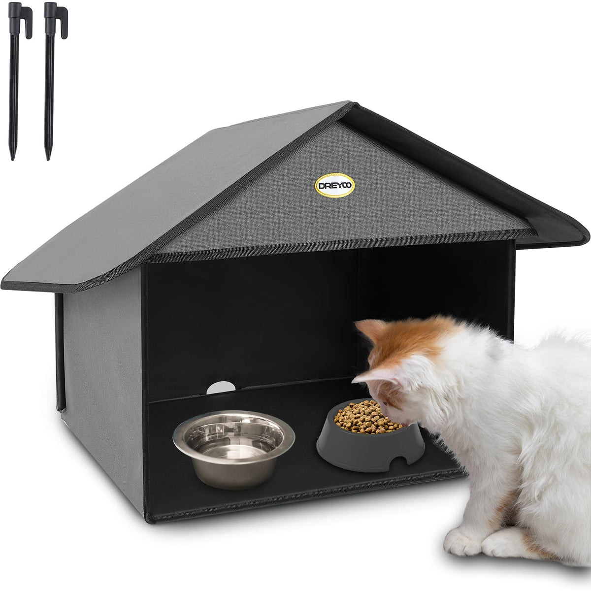 Dreyoo outdoor feeding station weatherproof roof protects meals from rain.