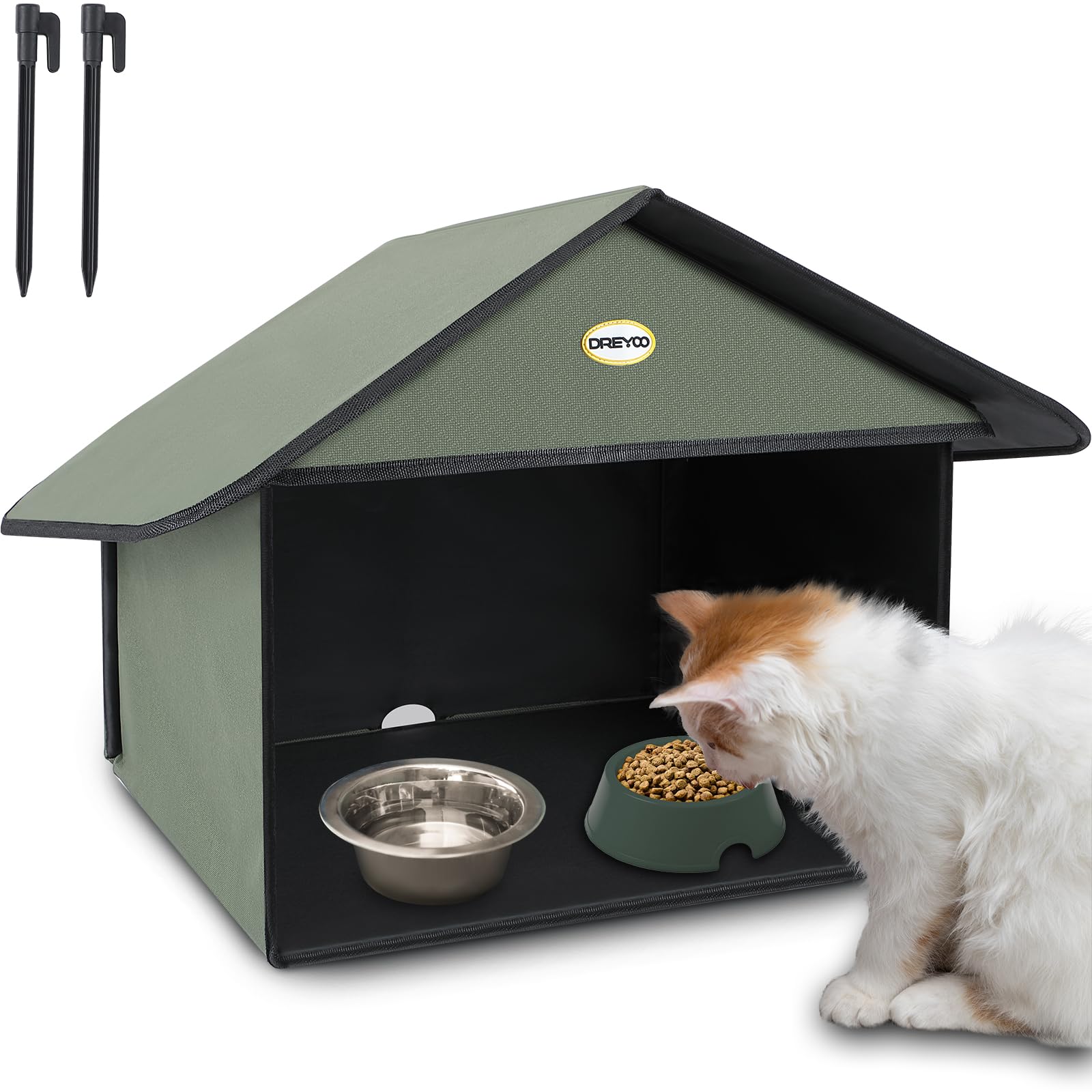 Dreyoo outdoor cat feeding station with weatherproof roof protecting food from rain
