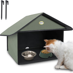 Dreyoo outdoor cat feeding station with weatherproof roof protecting food from rain