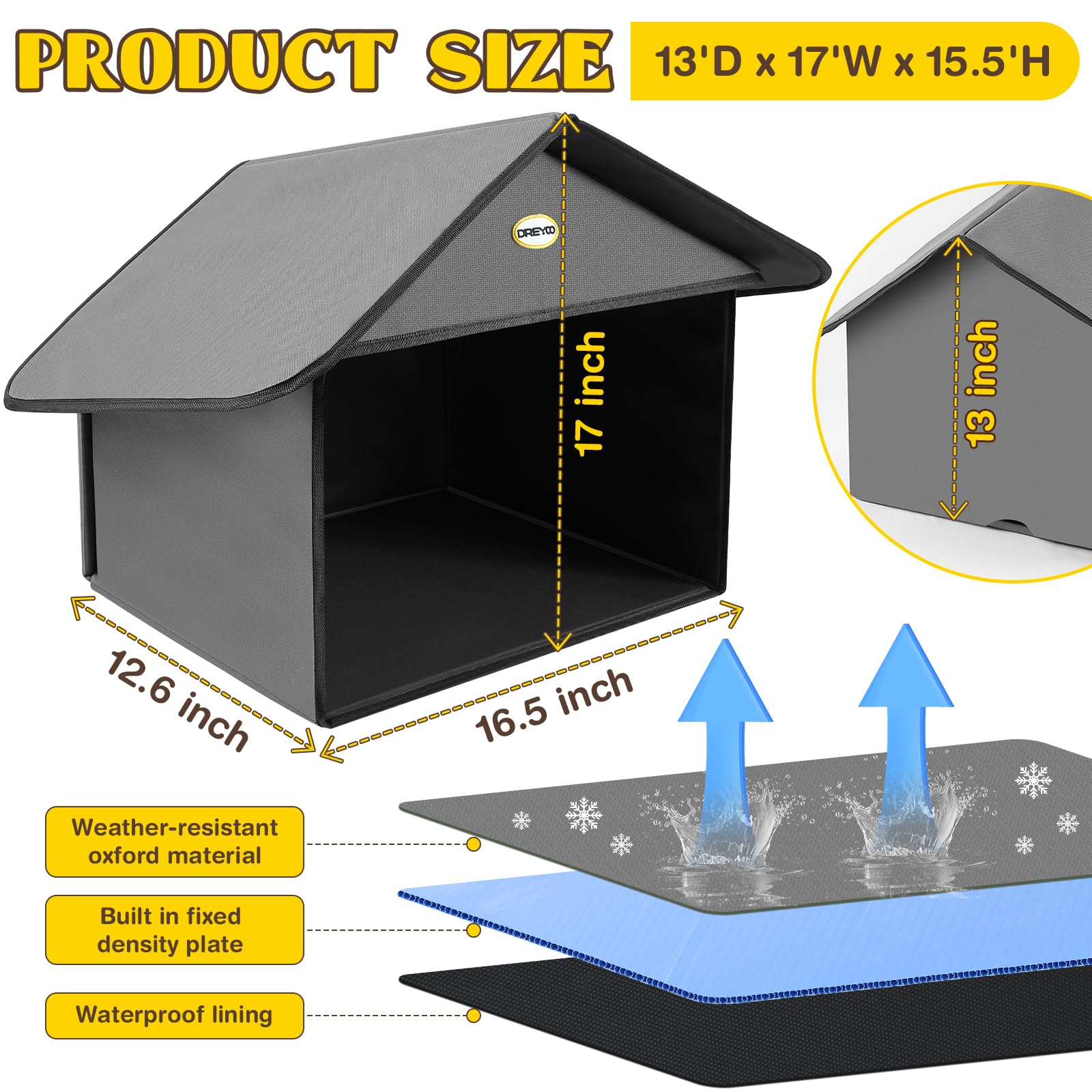 Dreyoo oxford-material shelter keeps stray cats dry and cozy.