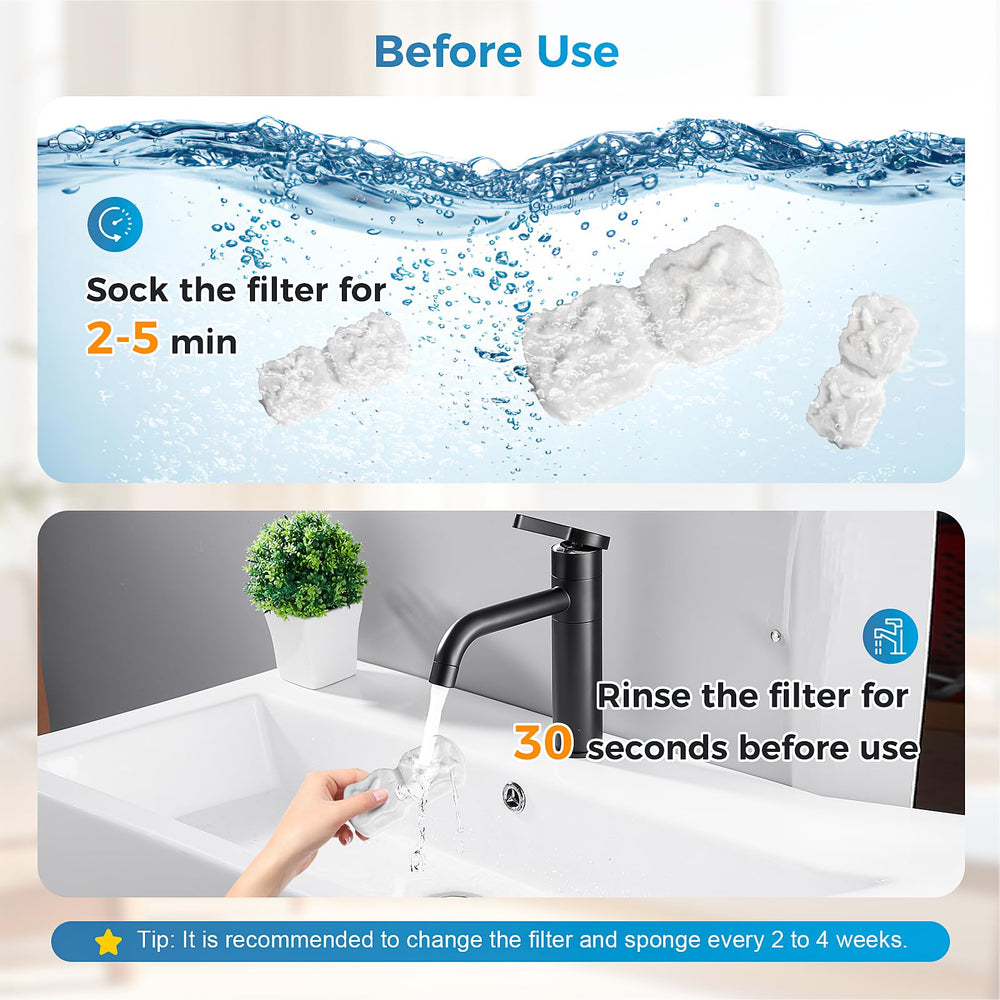 DrFlito sponge pads highlighting dual-stage filtration for clearer water