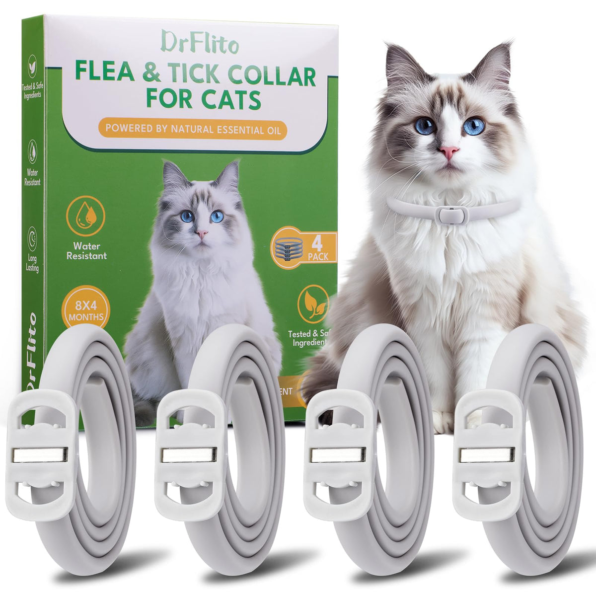 DrFlito four-pack cat flea collar set shown for full-body protection