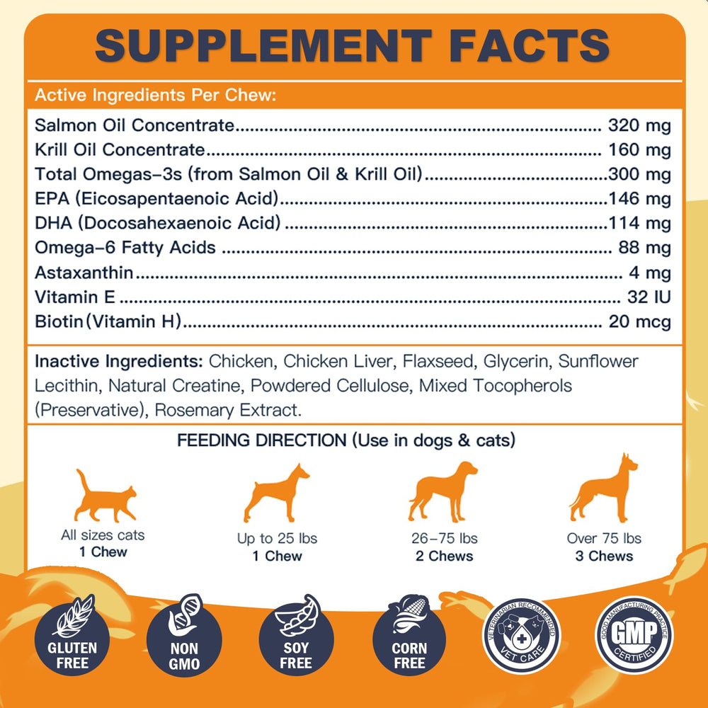 DRFOSTER Omega-3 dogs ingredients panel featuring salmon oil and krill oil.