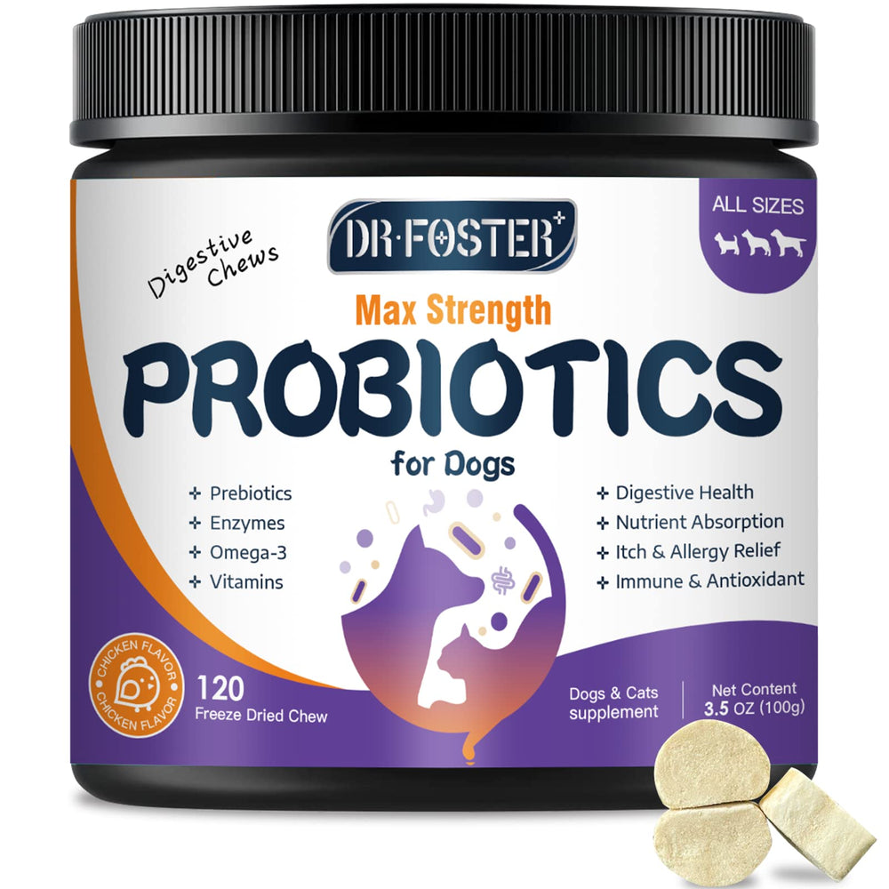 DRFOSTER Probiotics for Dogs bottle front highlighting 120 chews for gut support