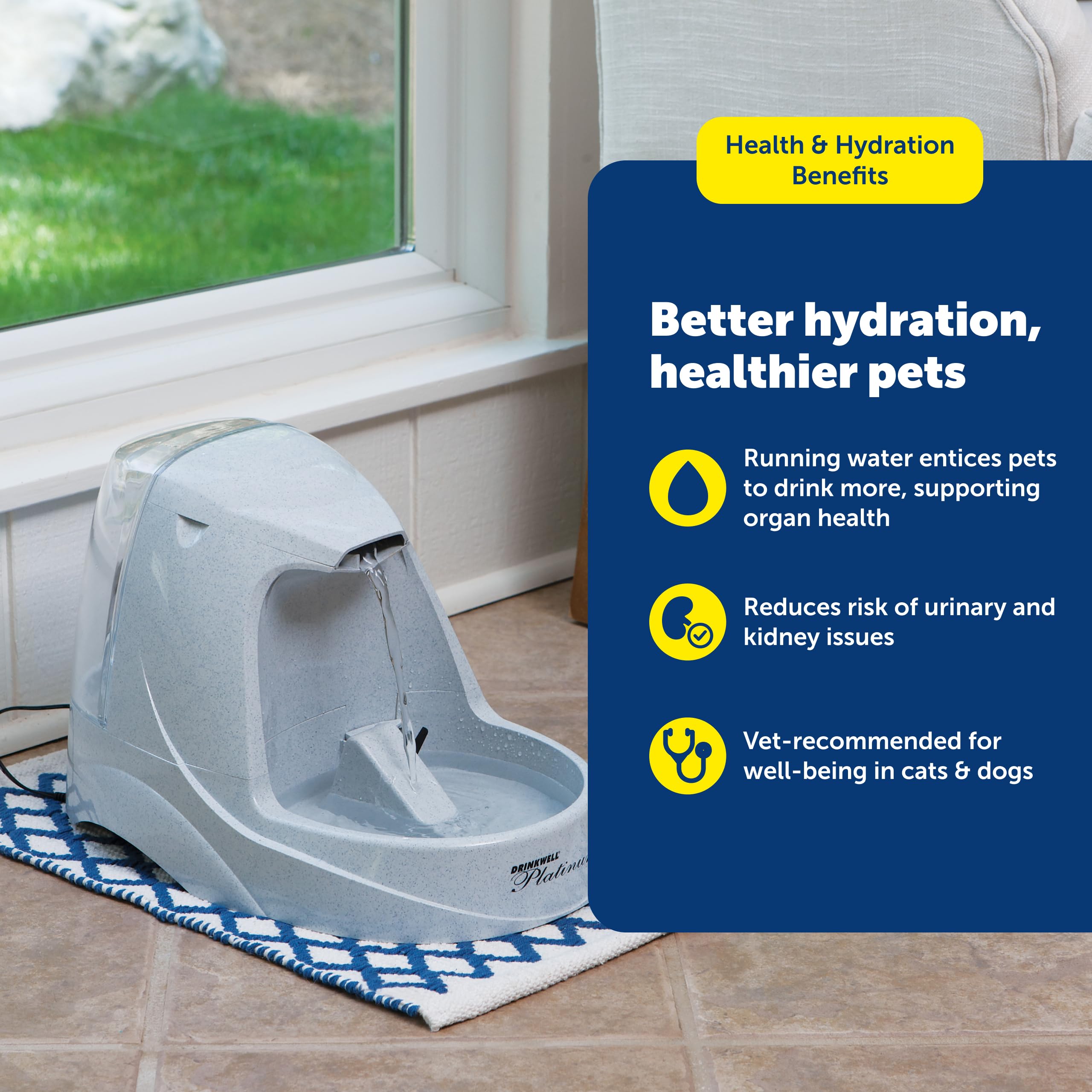 Drinkwell Platinum carbon filter improves water taste and odor.