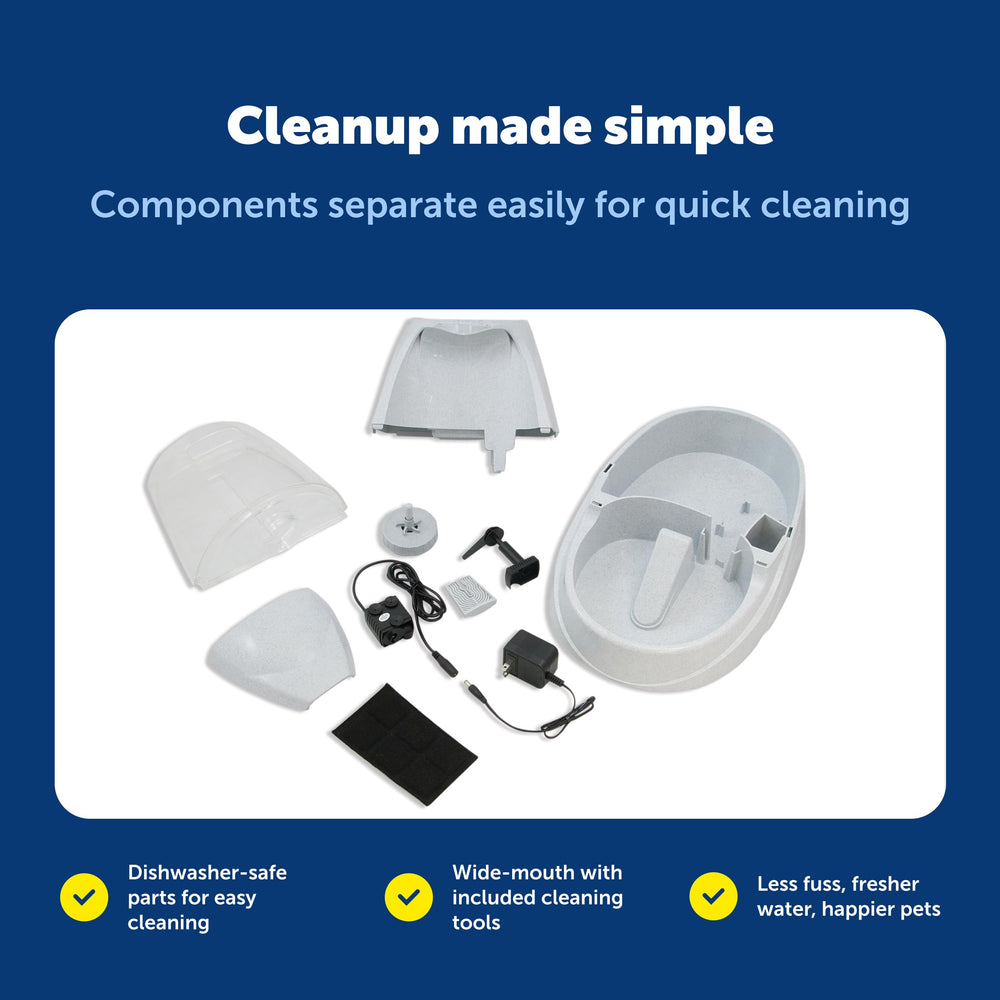 Drinkwell Platinum dishwasher-safe parts simplify cleaning.
