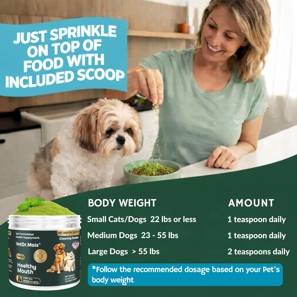 DRMOIS dental powder suitable for dogs and cats of all sizes.