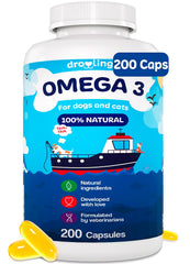 Droolings Omega3 bottle with softgel capsules for skin and coat support.