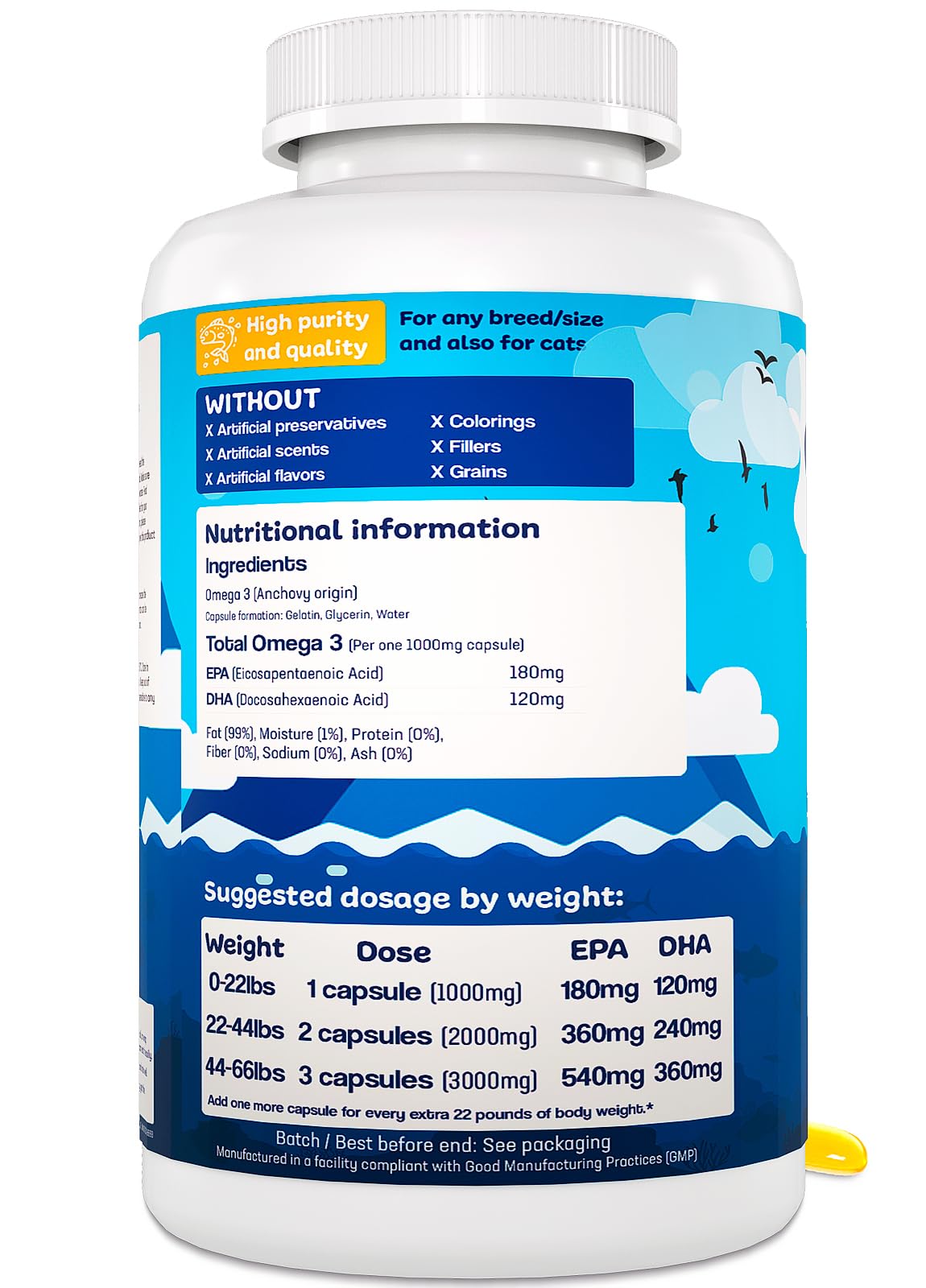Pouring Droolings Omega3 contents onto pet food for easy dosing.
