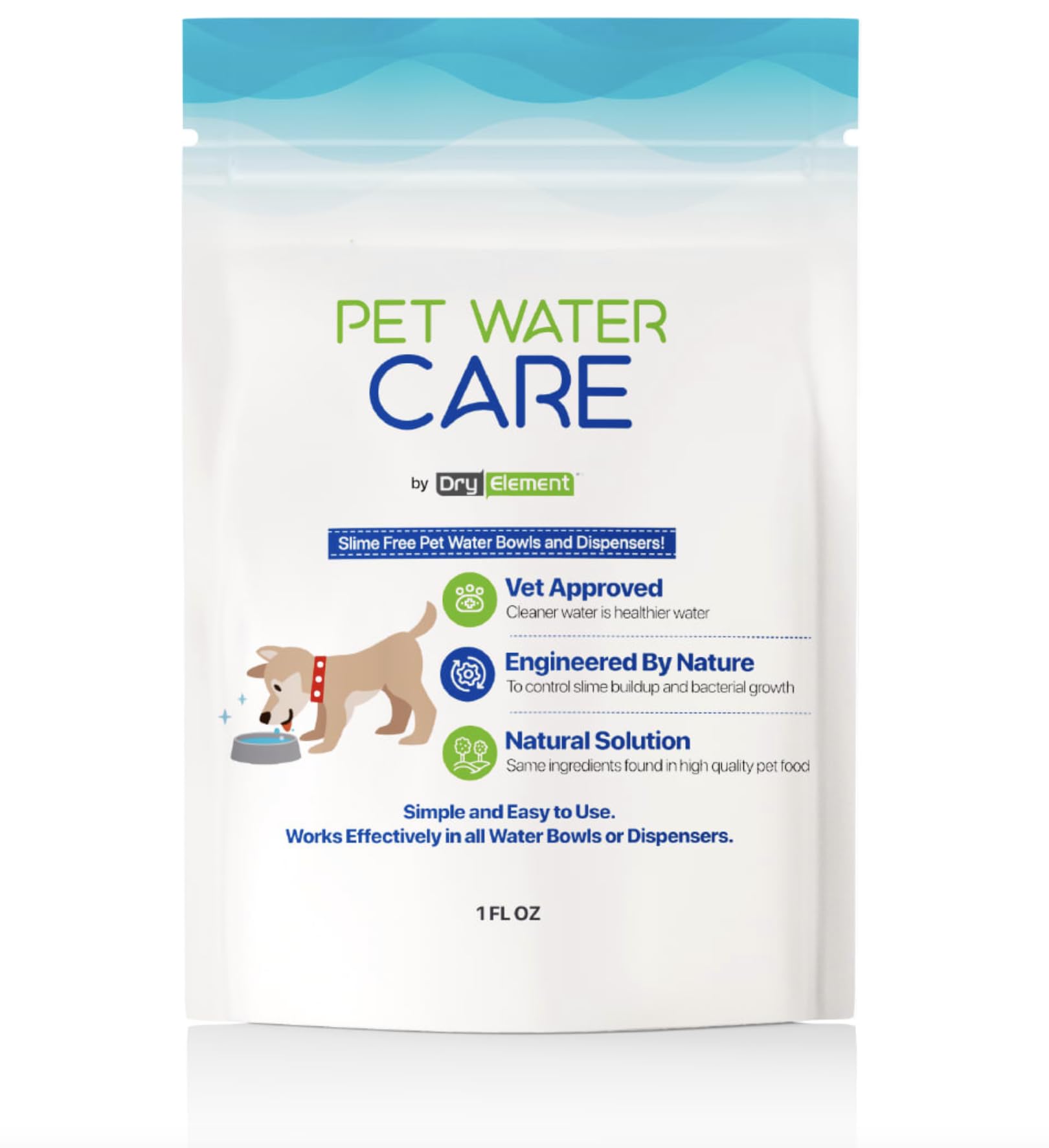 Dry Element Pet Water Care bottle drops keep water clean and fresh.