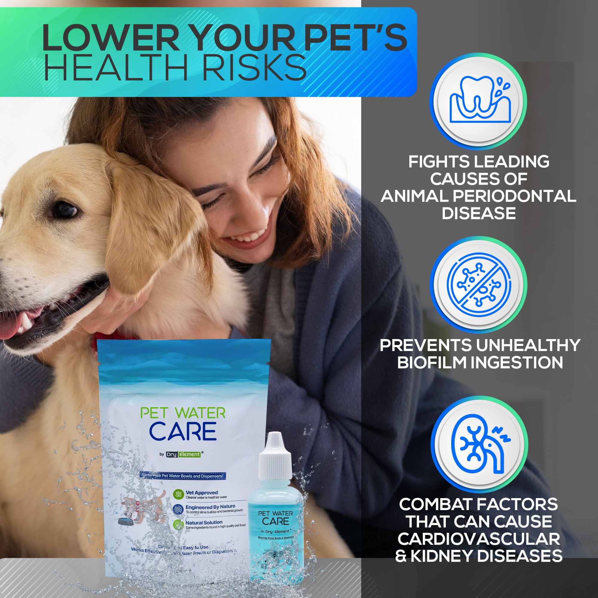 Dry Element Pet Water Care dog and cat drinking image with clean bowls.